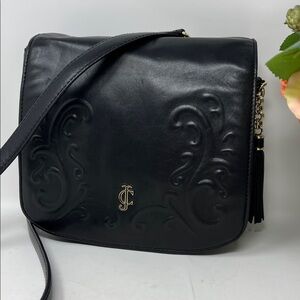 JUICY COUTURE EMBOSSED GENUINE LEATHER BLACK BAG CROSSBODY GOLD CHAIN